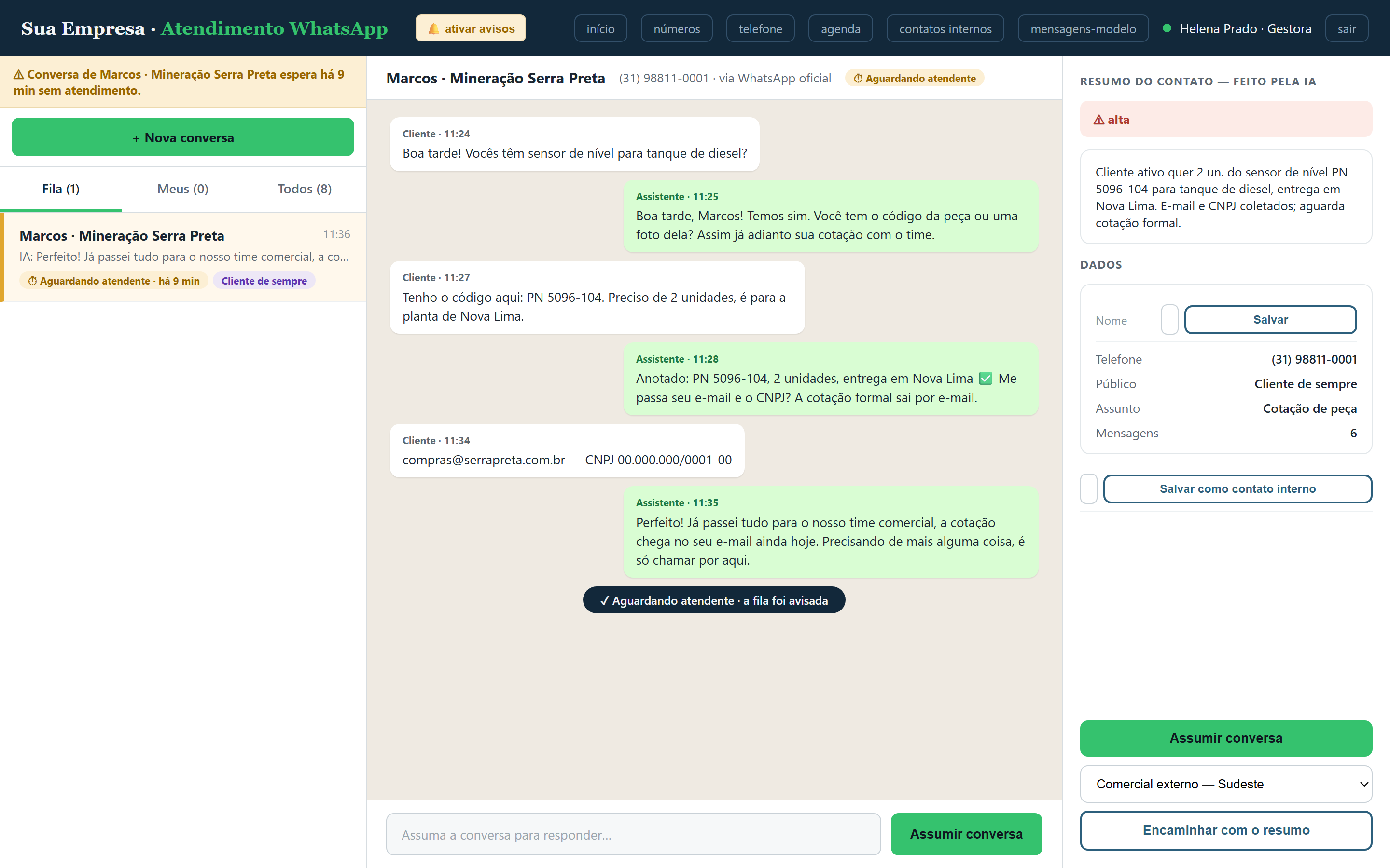 Painel da Atalaia: conversa em que a IA reconhece o código da peça, coleta e-mail e CNPJ e avisa a fila, com resumo feito pela IA ao lado